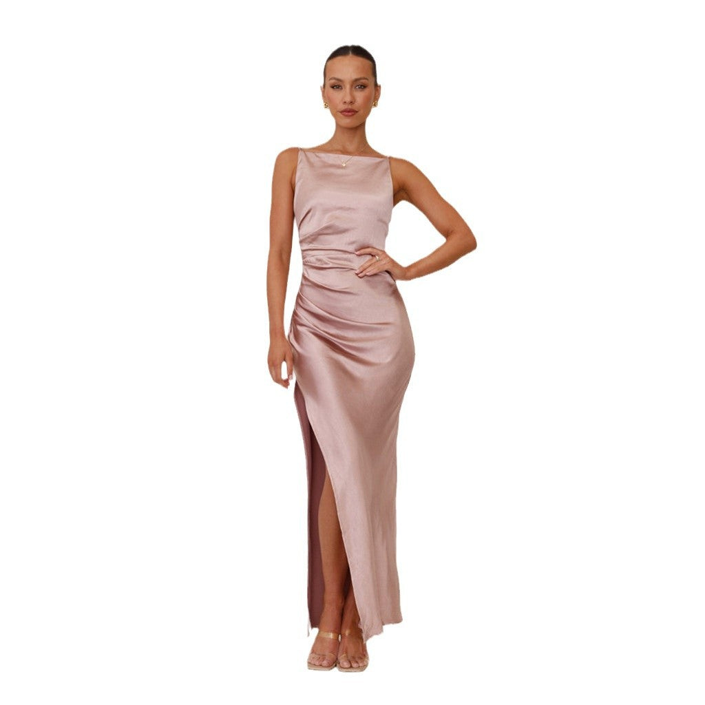 Damen elegantes Maxi-Kleid mit hohem Schlitz und raffiniertem Satinfinish Sovae