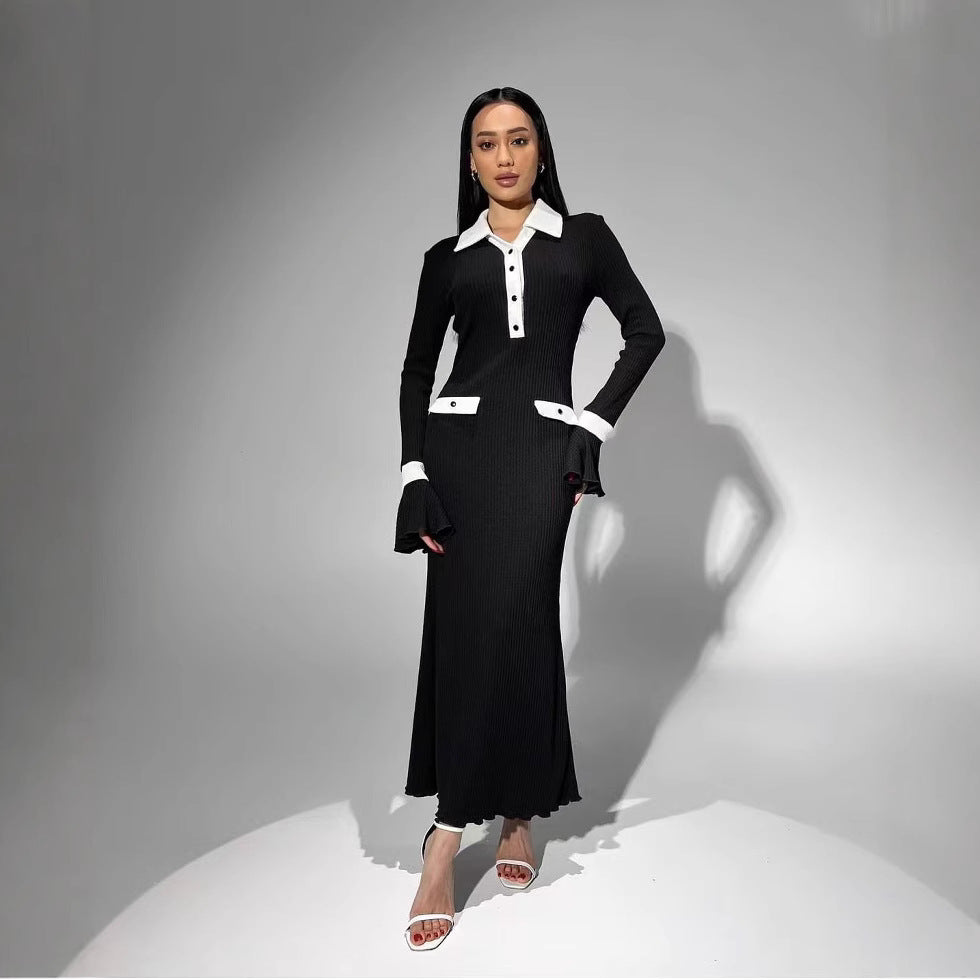 Damen elegantes Maxikleid mit Kragen und nostalgischem Knopfdesign Sovae