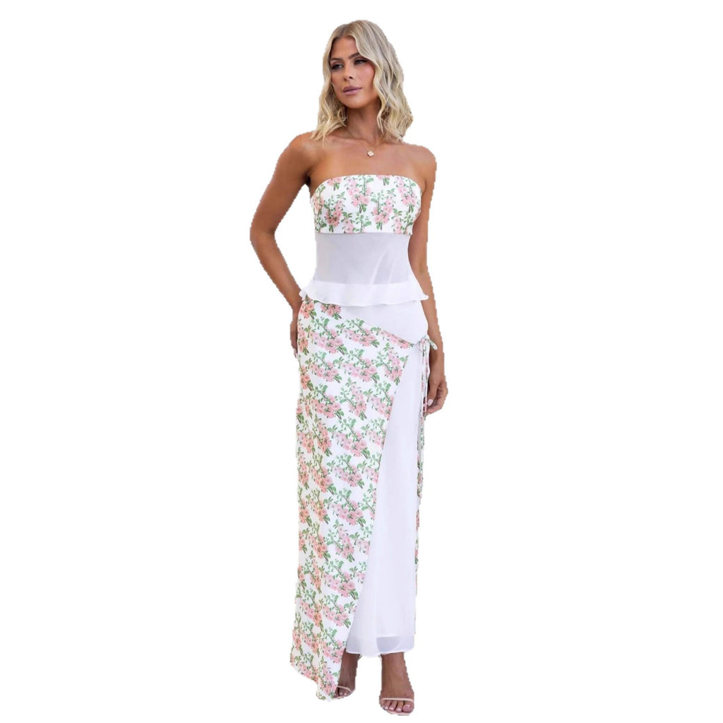 Damen Strapless Maxikleid mit floralem Überwurf und asymmetrischem Saum Sovae