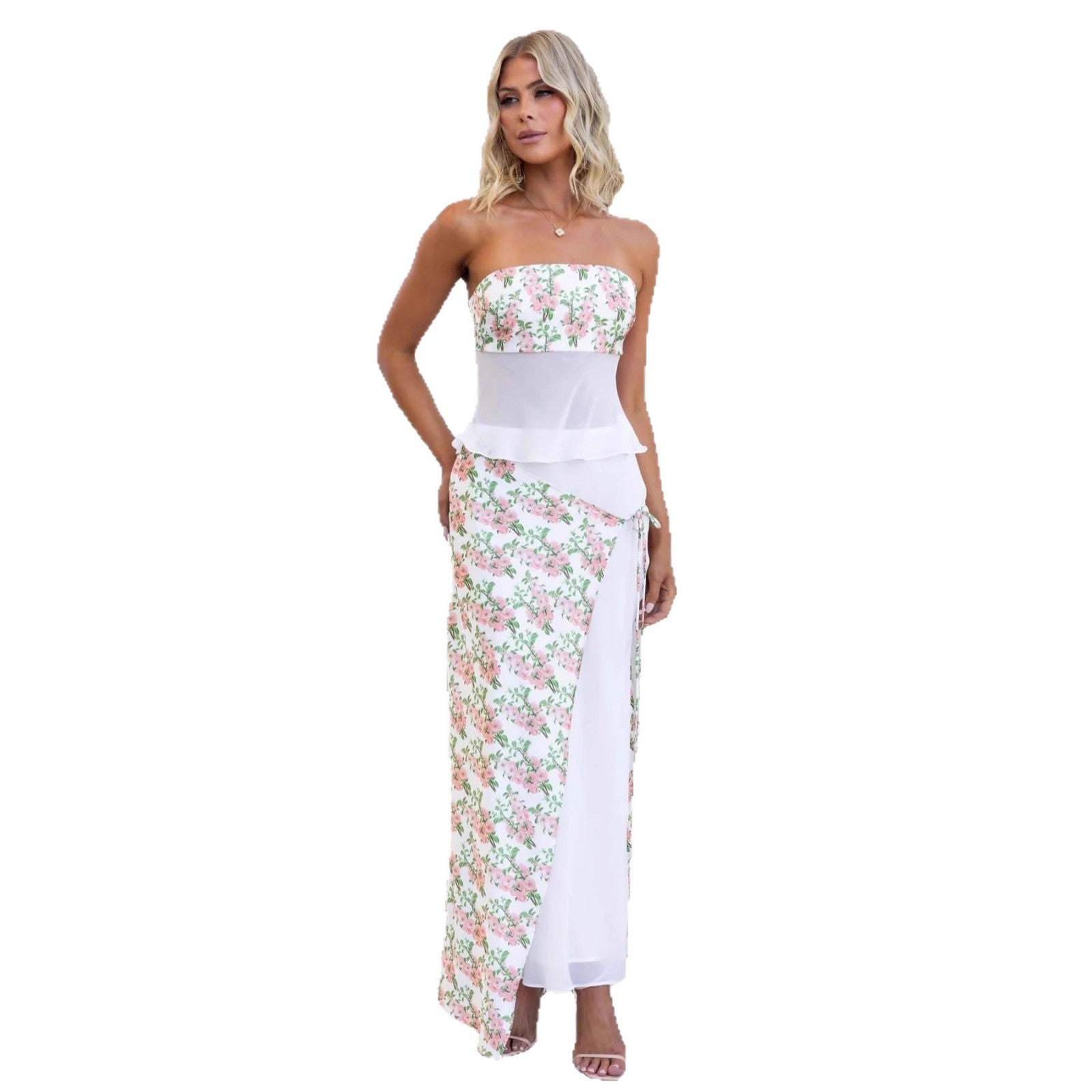 Damen Strapless Maxikleid mit floralem Überwurf und asymmetrischem Saum Sovae