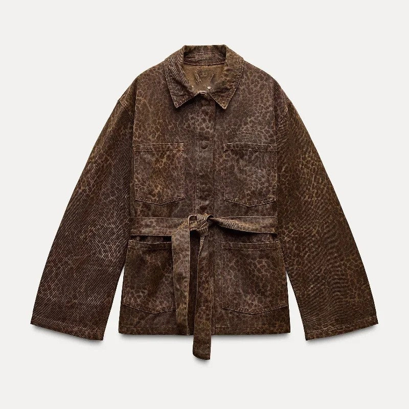 Damen Utility-Jacke mit animalischem Muster und taillierbarem Gürtel Sovae