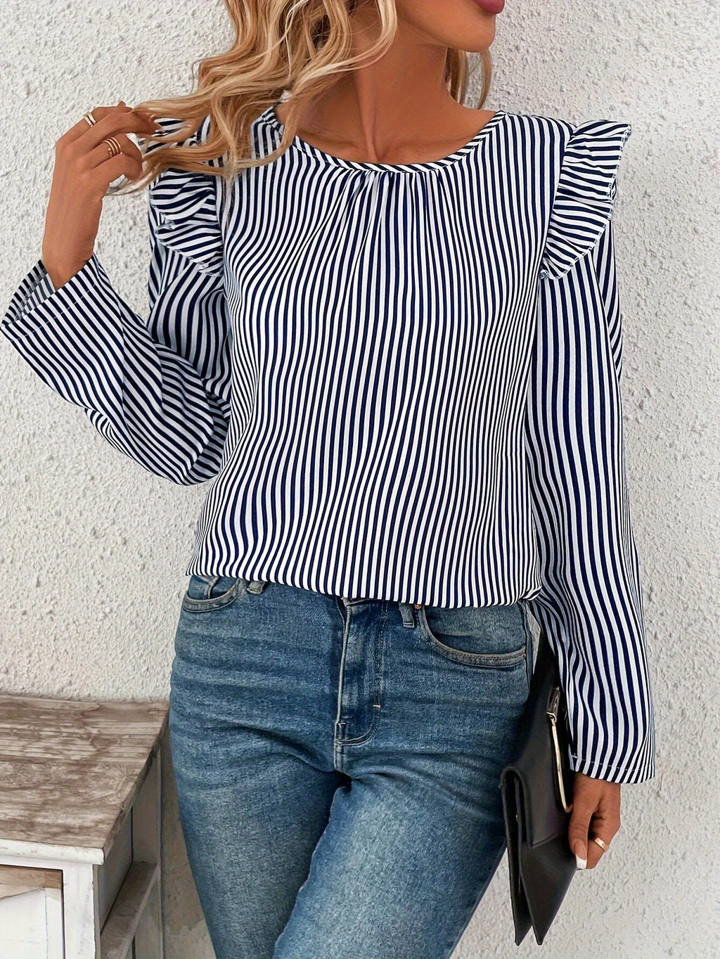 Damen Bluse mit Rüschen und gestreiftem Design Sovae