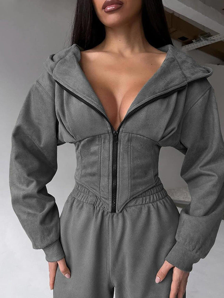 Damen sportlicher Jumpsuit mit Reißverschluss und Kapuze Sovae