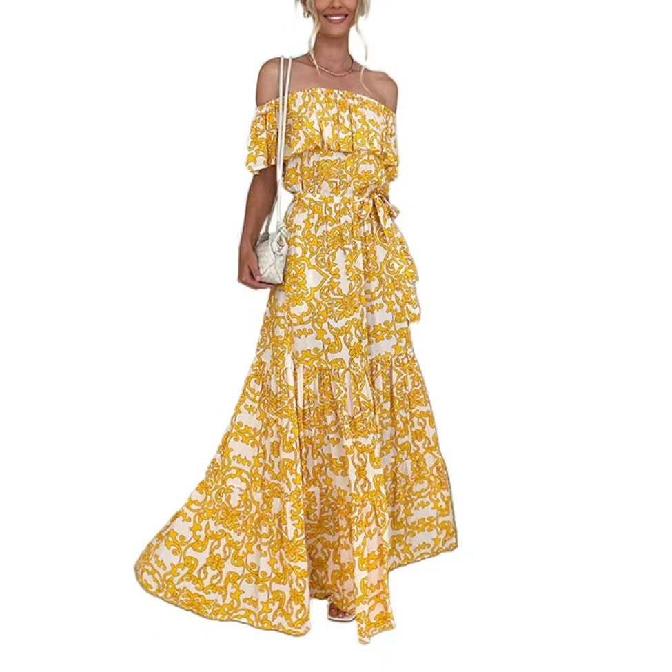 Damen Off-Shoulder Maxikleid mit floralem Muster und elastischem Taillengürtel Sovae