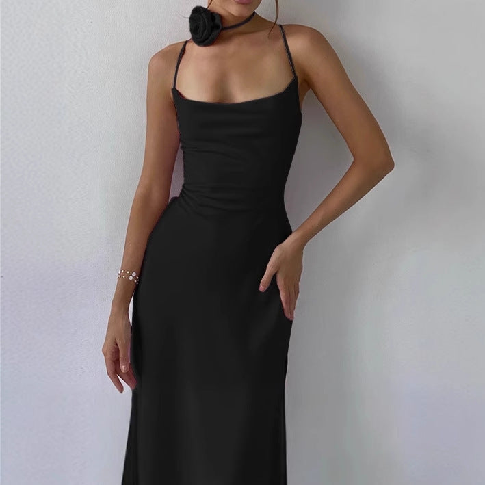 Damen Elegantes Bodenkotan Maxi-Kleid mit schmalen Spaghetti-Trägern und tiefem Ausschnitt Sovae