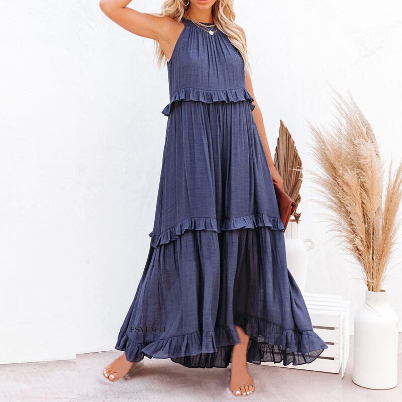 Damen Maxikleid mit verspieltem Rüschen-Design und tiefem Ausschnitt Sovae