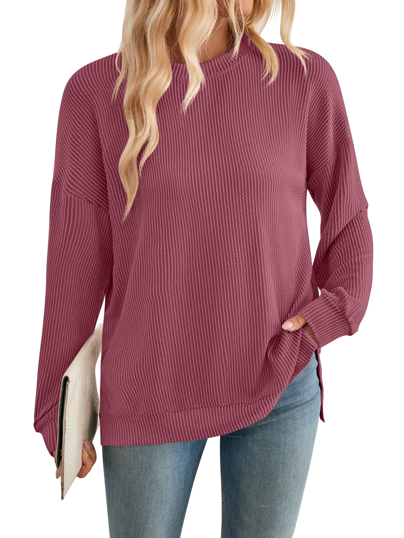 Damen lässiger Rippstrickpullover mit überschnittenen Schultern und Seitenschlitzen Sovae