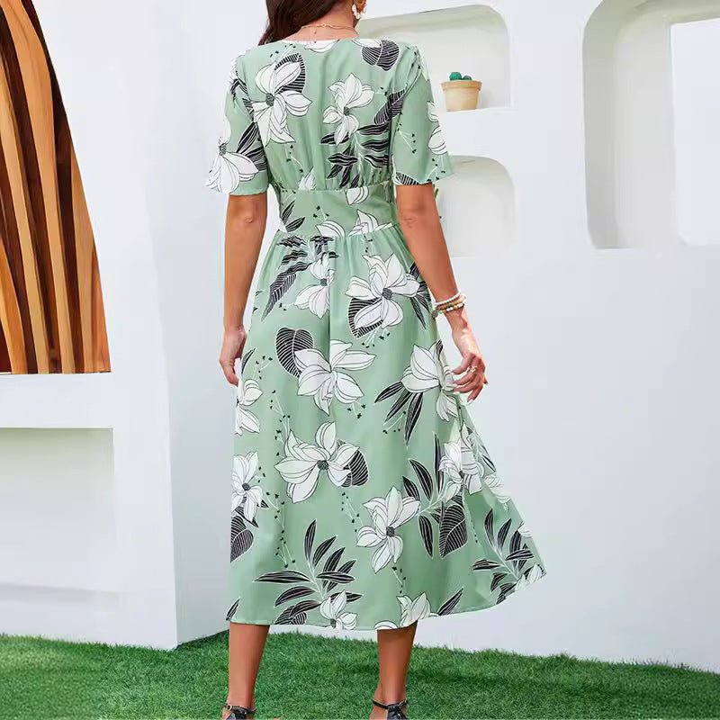 Damen Blümchen Kleid mit vorderem Knopf Sovae