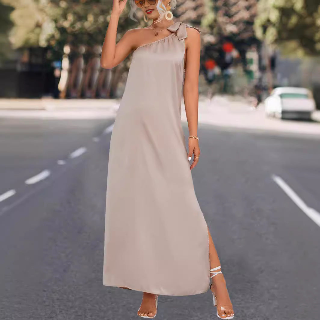 Damen Maxikleid mit asymmetrischem Träger und Seitenschlitz Sovae