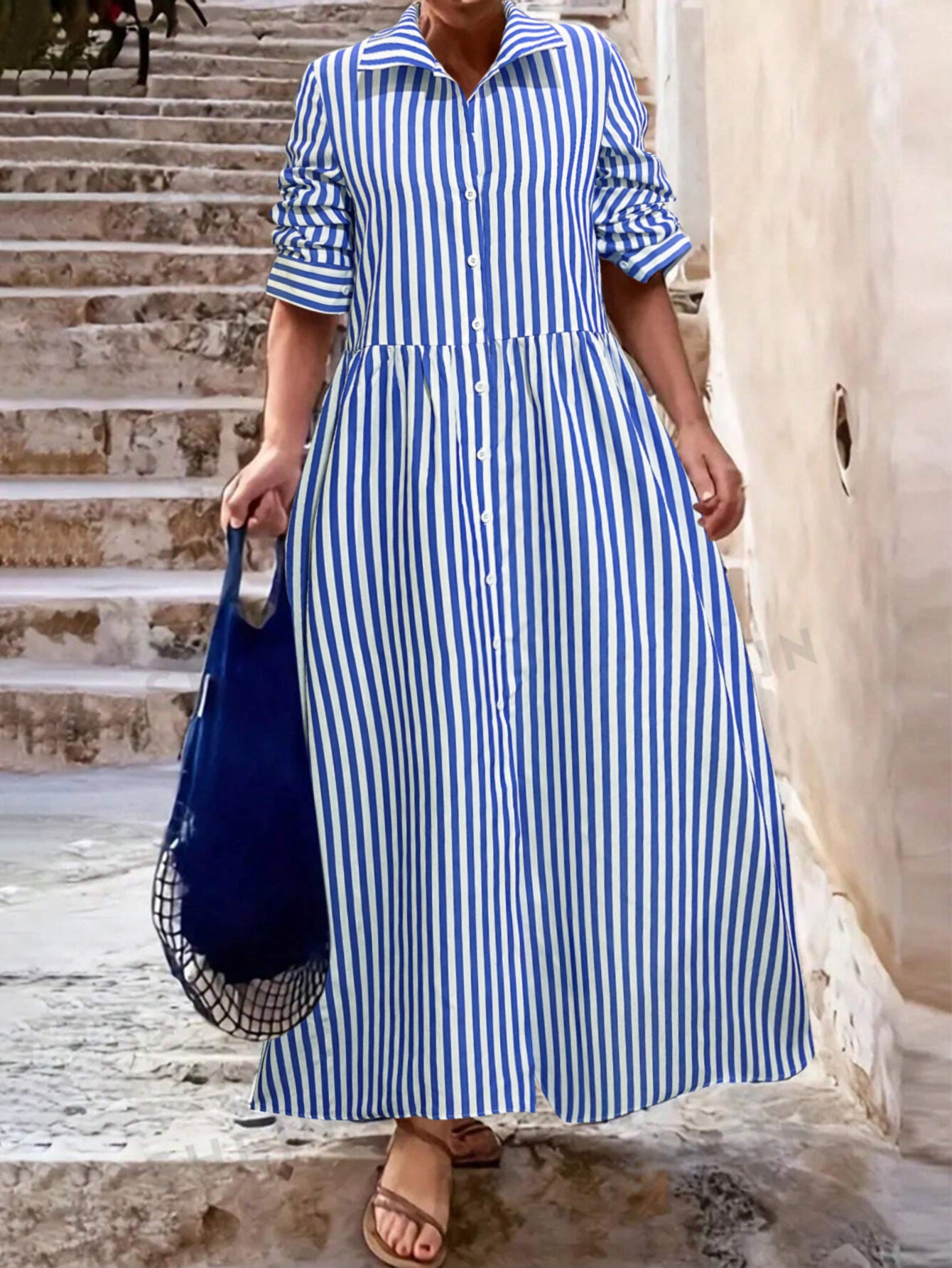 Damen Hemdblusenkleid mit vertikalen Streifen und tailliertem Schnitt Sovae