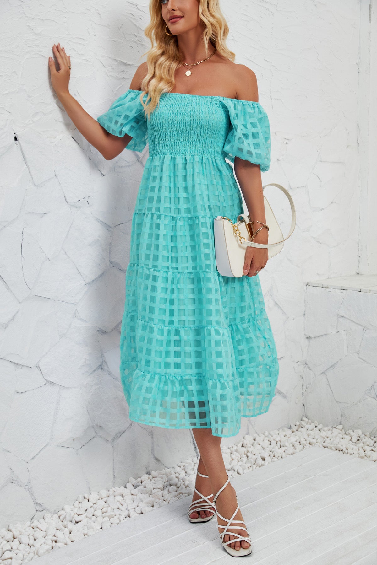 Damen luftiges Maxikleid mit gerafften Puffärmeln und Karomuster Sovae