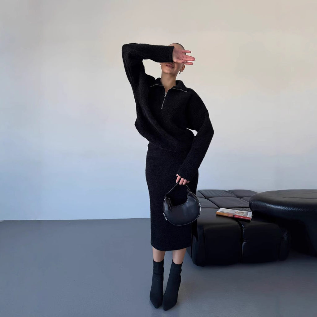 Damen Modischer Strickpullover mit kurzem Reißverschluss Sovae
