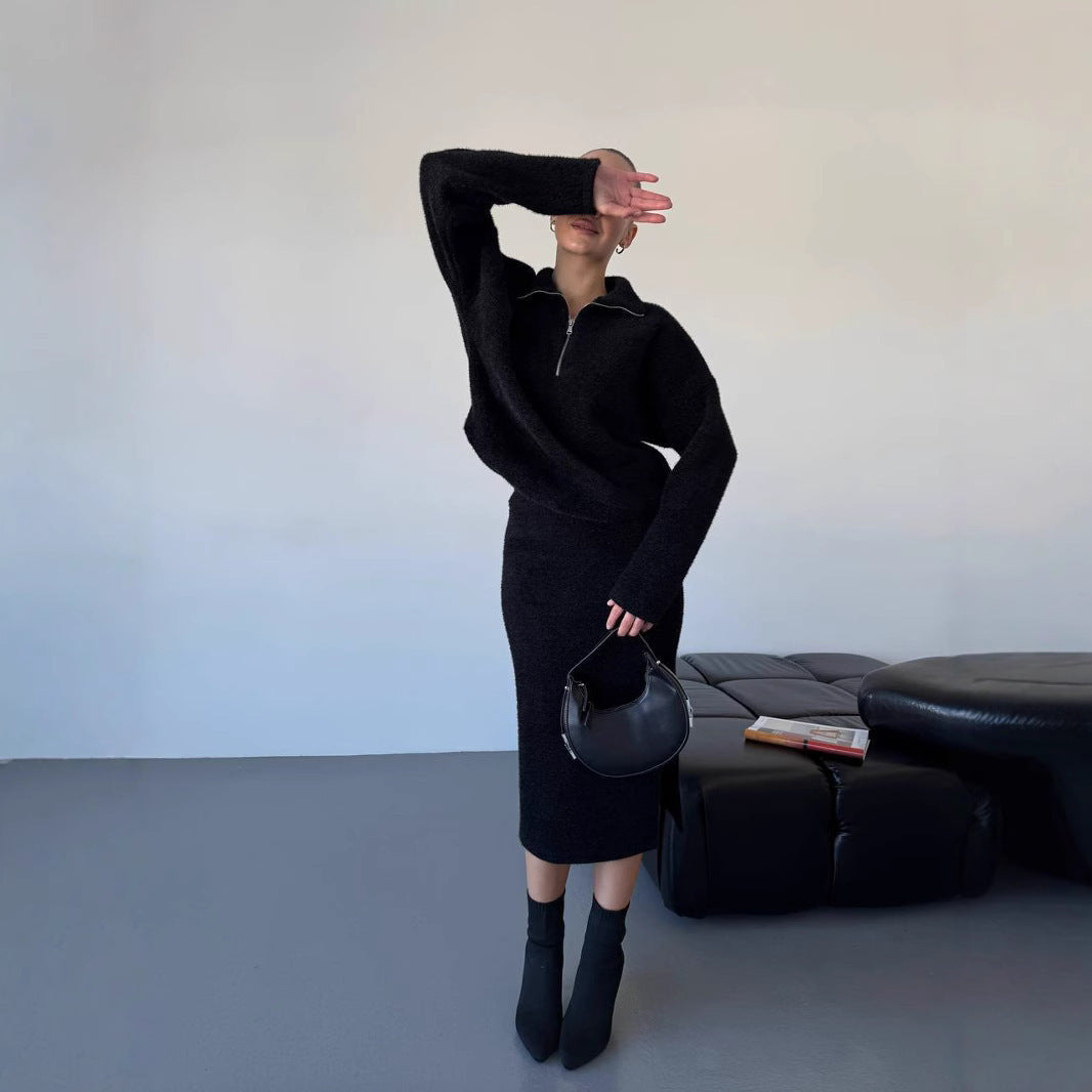 Damen Modischer Strickpullover mit kurzem Reißverschluss Sovae