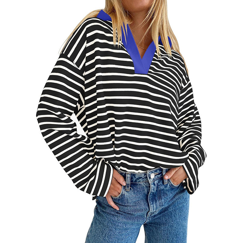 Damen Lässiger und modischer Pullover mit breiten Streifen und V-Ausschnitt Sovae
