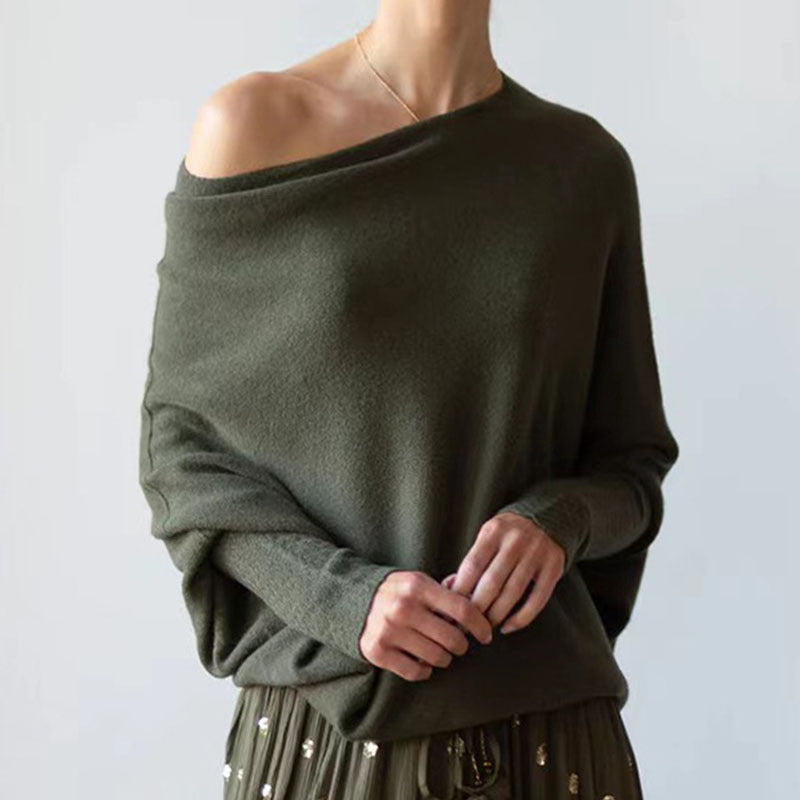 Damen eleganter asymmetrischer Strickpullover mit klarem Rundhalsausschnitt Sovae