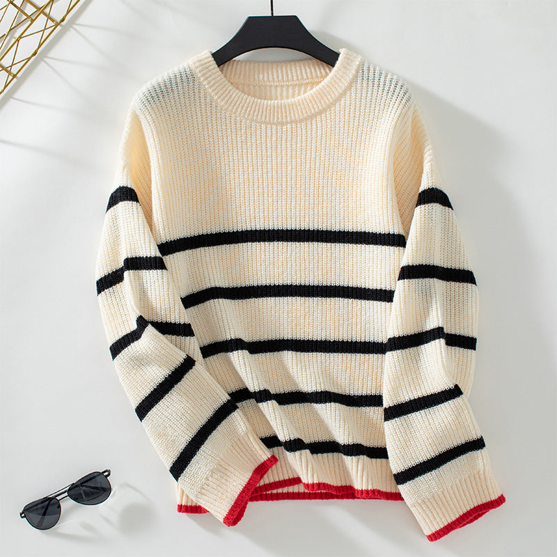 Damen klassischer Strickpullover mit maritimen Streifenmuster und weitem Schnitt Sovae
