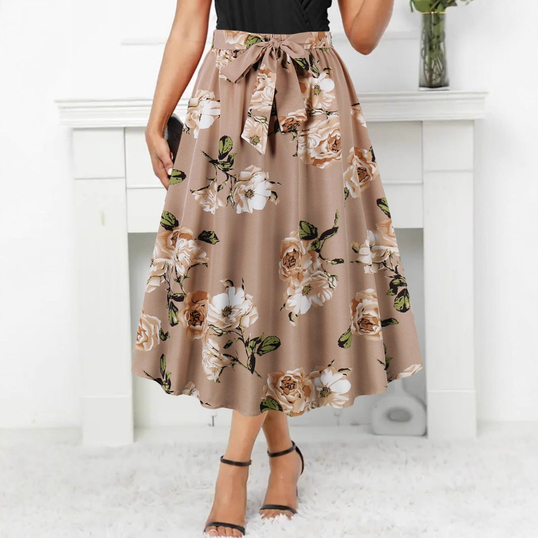 Damen Maxi-Rock mit floralem Muster und taillierter Schleife Sovae
