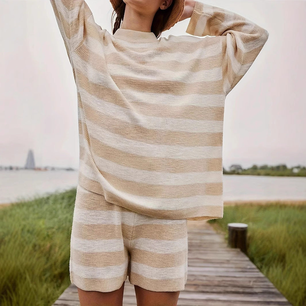 Damen gemütliches Strickset mit Crewneck und Streifenmuster Sovae