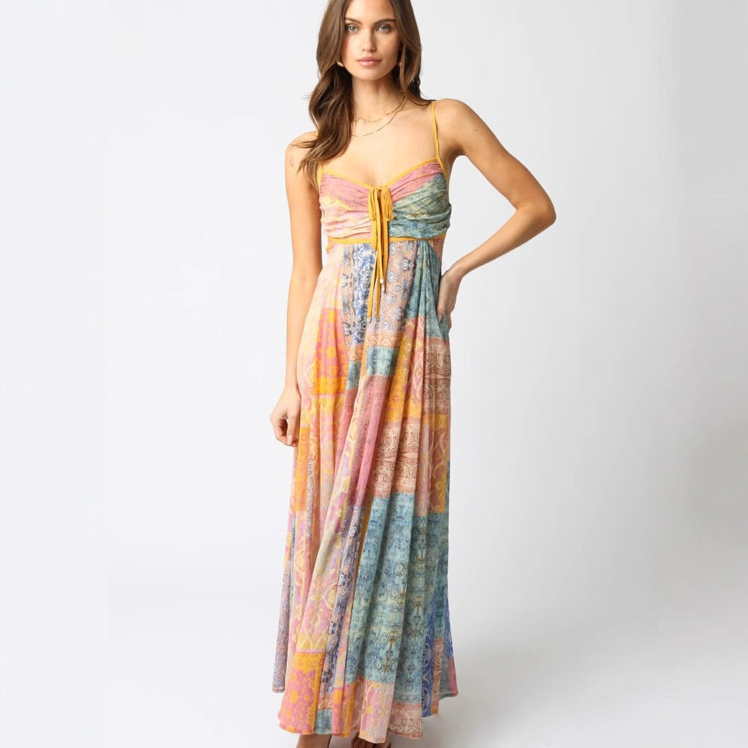 Damen Maxikleid mit verspieltem Patchwork-Muster und elegantem Taillenzug Sovae