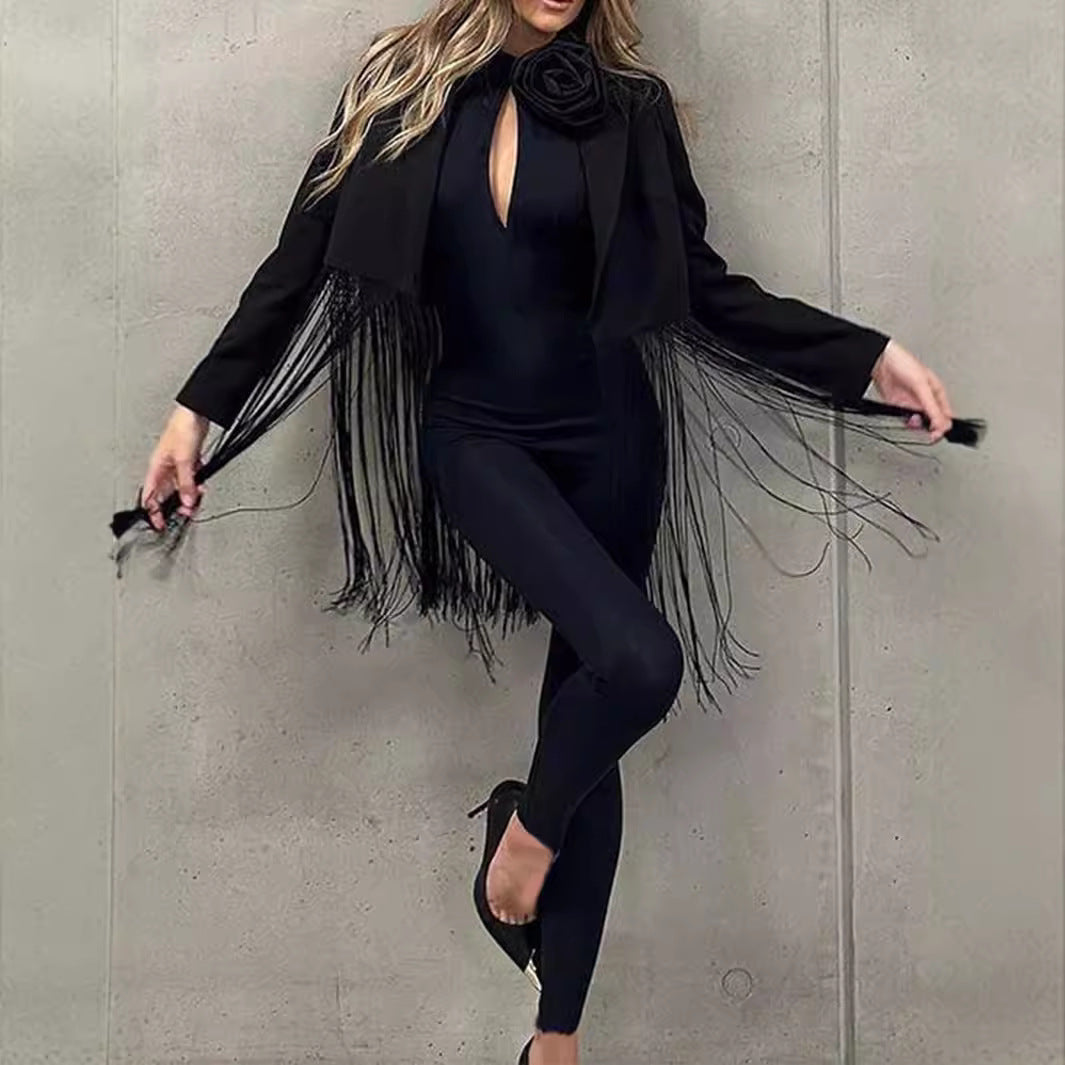 Damen Eleganter Langarm Jumpsuit mit Floral-Detail Sovae