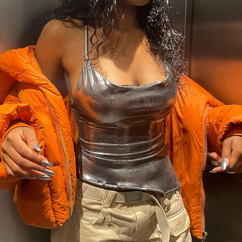 Damen Glänzendes Crop-Top mit asymmetrischem Schnitt Sovae