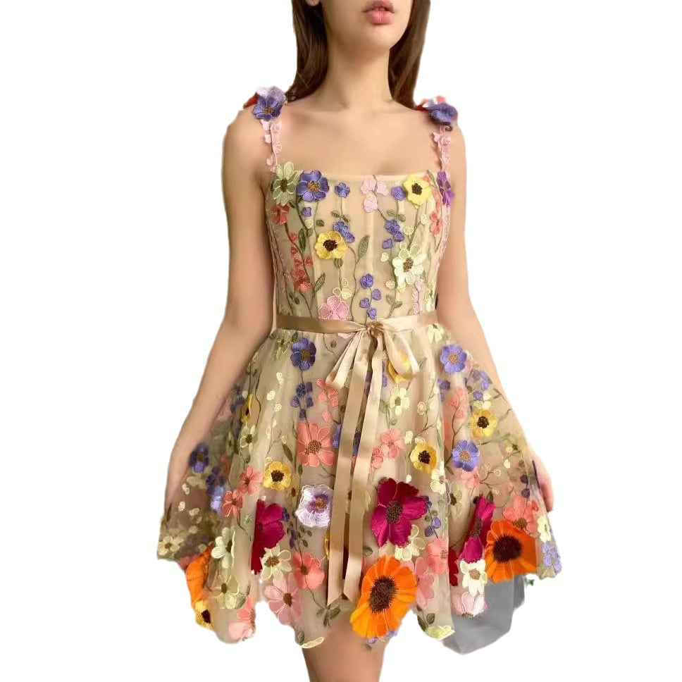Damen Blumengesticktes Kurzkleid Sovae