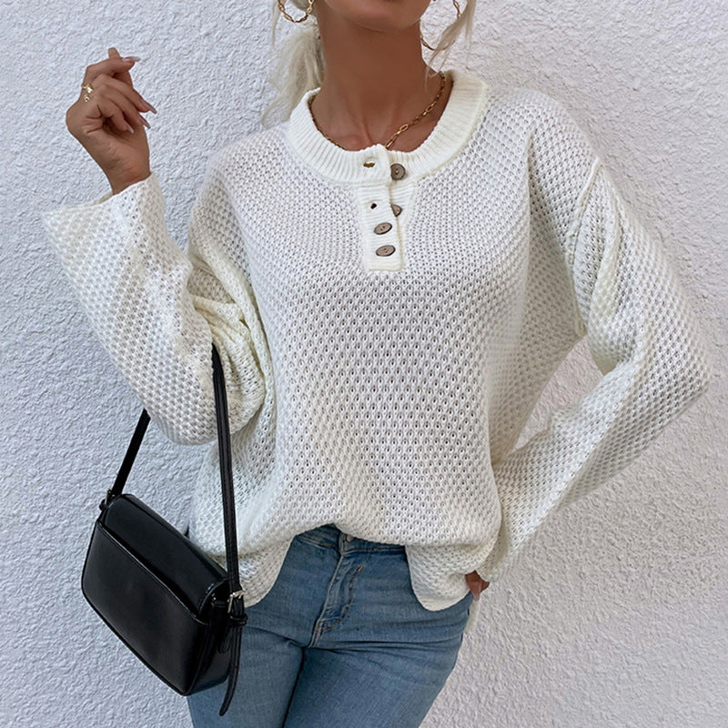 Damen gemütlicher Strickpullover mit Knopfleiste und breiten Ärmeln Sovae