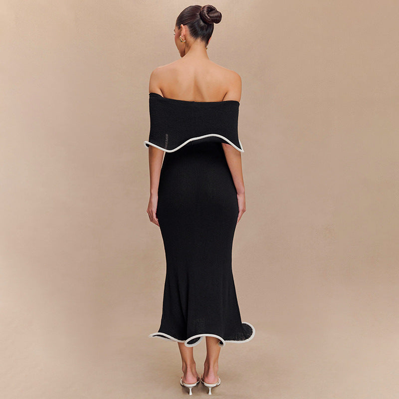 Damen elegantes Off-Shoulder Maxikleid mit Rüschensaum Sovae