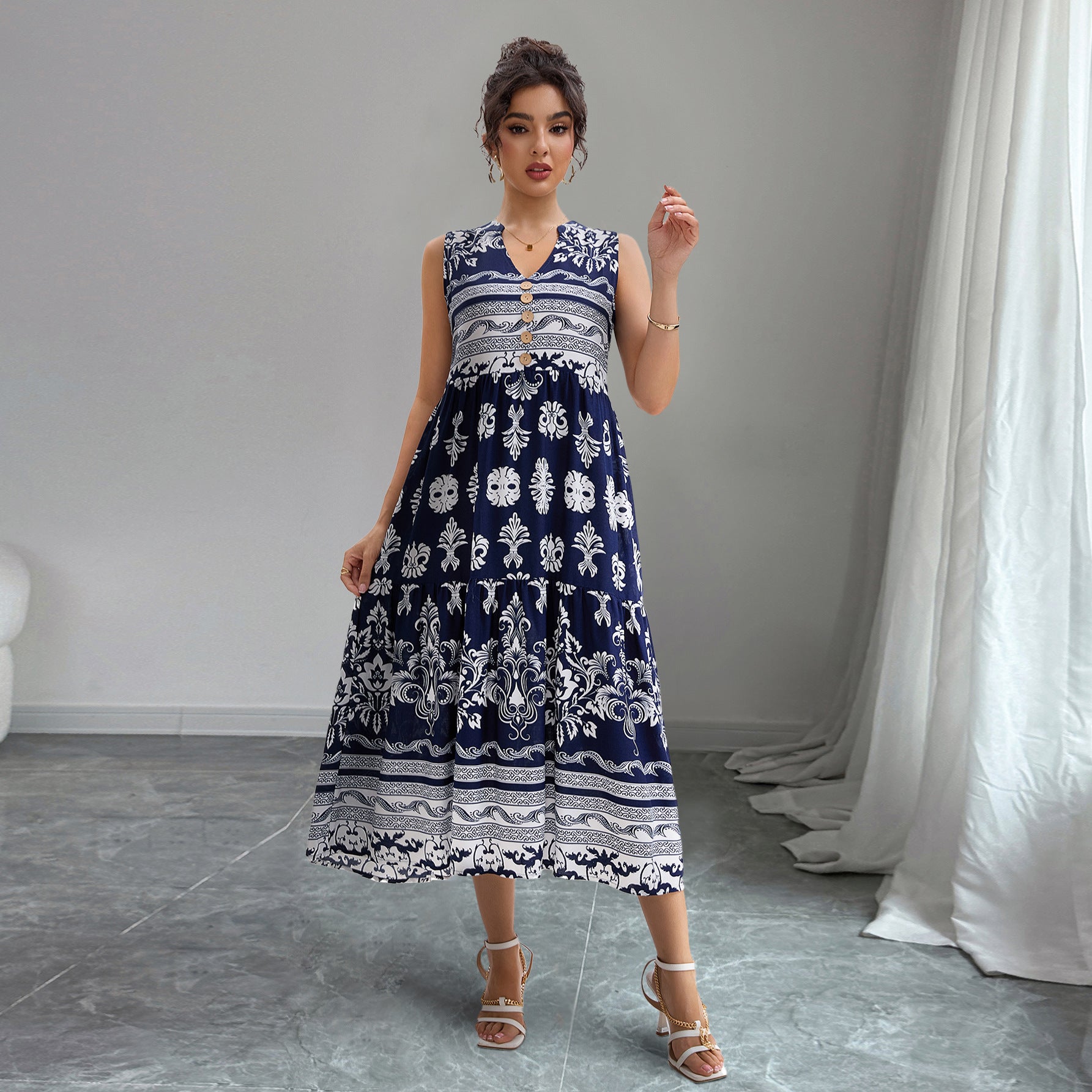 Damen Knielanges Kleid mit floralen Mustern Sovae