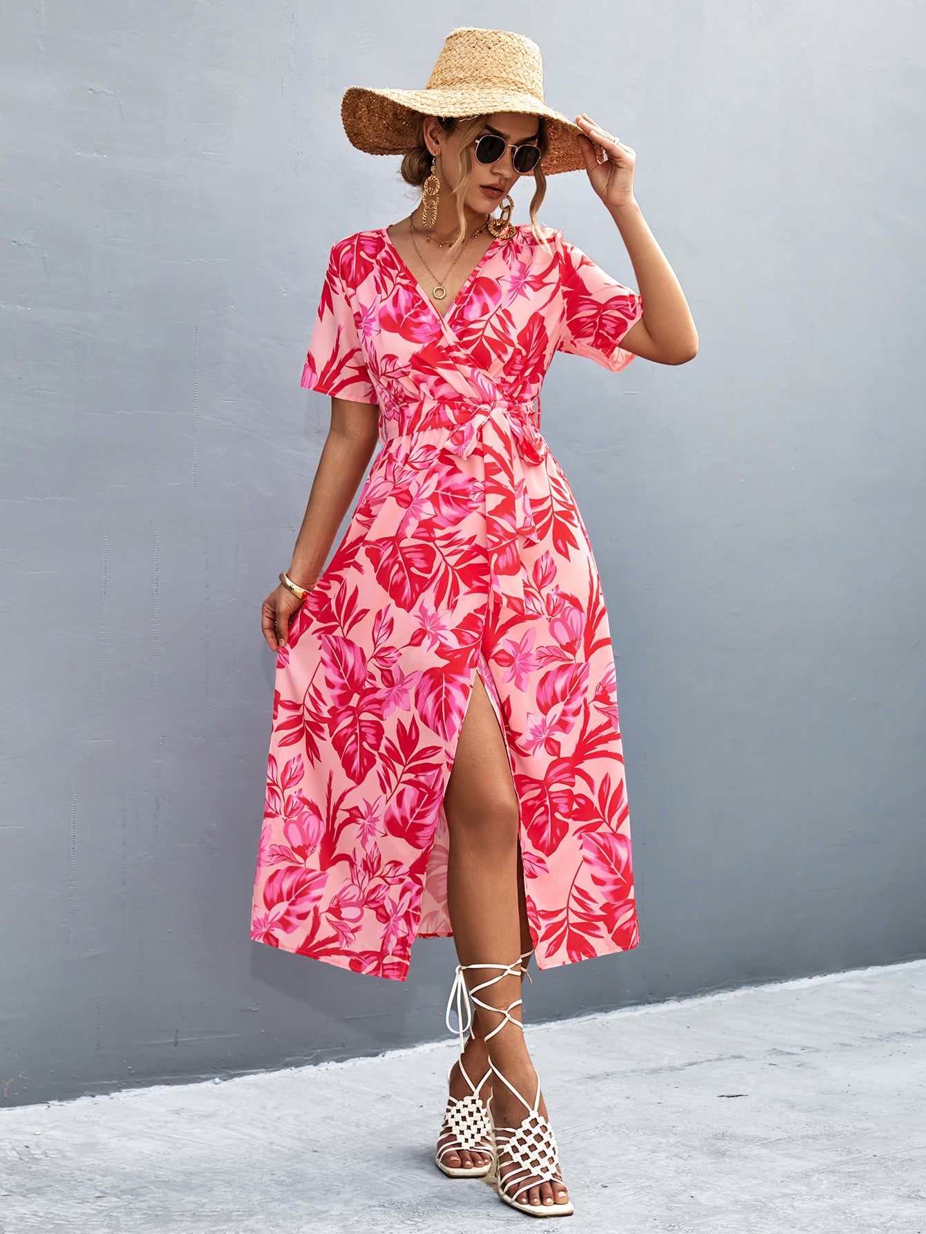 Damen Wickelmaxikleid mit floralem Muster und eleganter Schärpe Sovae