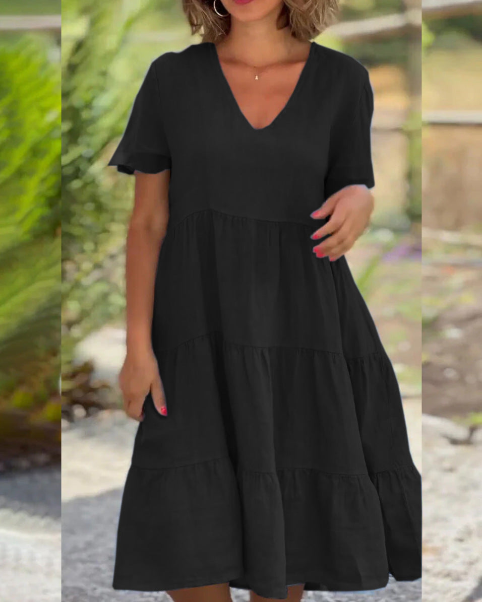 Damen luftiges V-Ausschnitt Kleid mit schwingendem Saum Sovae