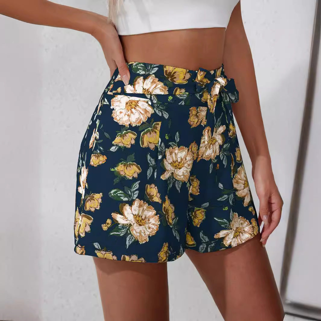 Damen Blumenmuster Shorts mit Taillenschnalle Sovae