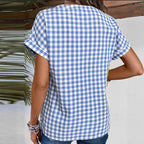 Damen leichte Kurzarmbluse mit kariertem Muster und praktischen Brusttaschen Sovae