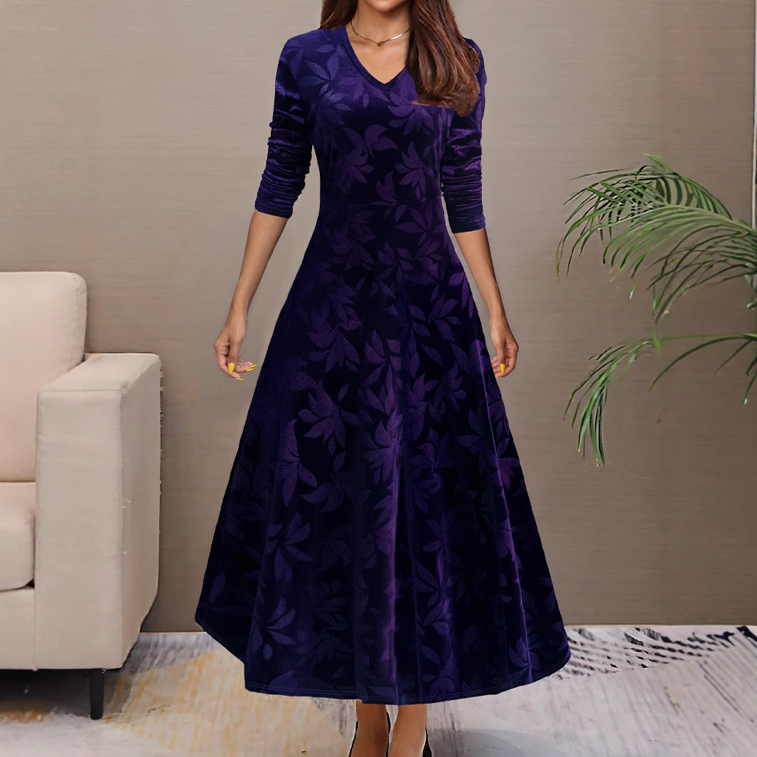 Damen elegantes Maxikleid aus Samt mit botanischem Muster und V-Ausschnitt Sovae