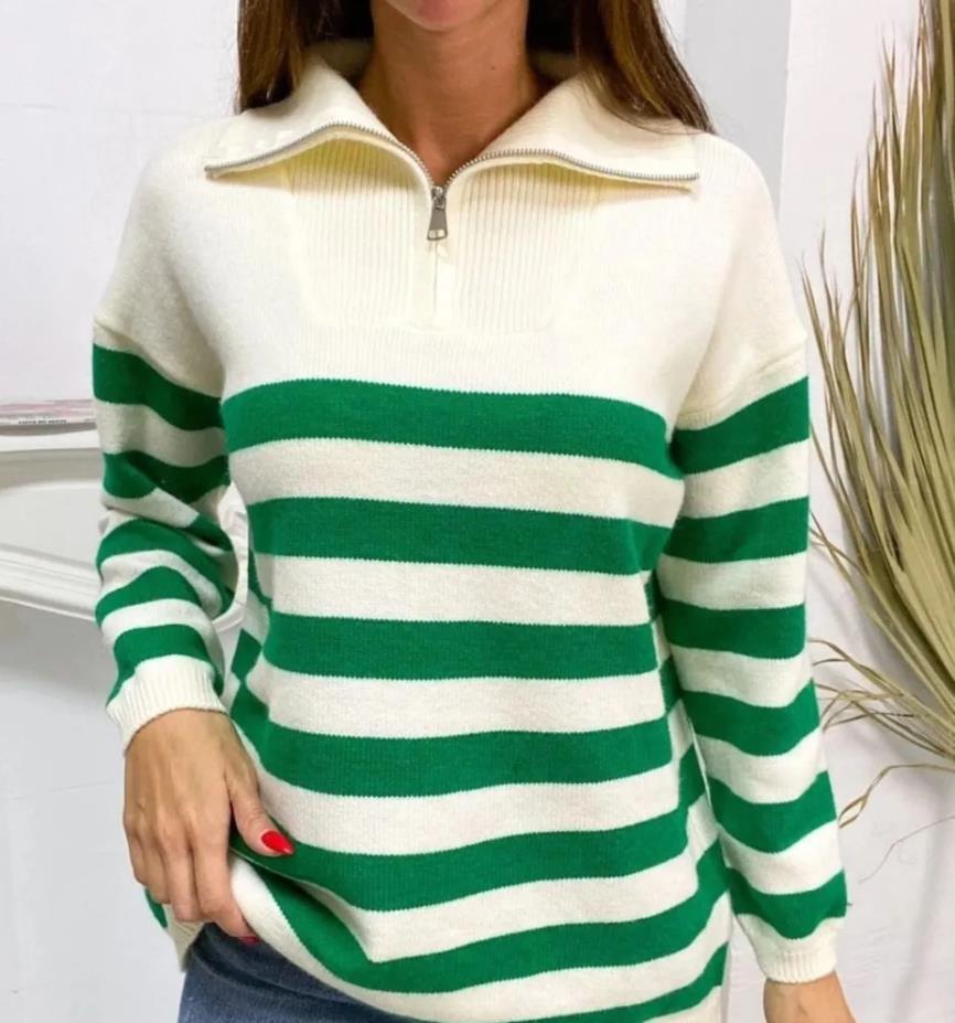 Damen gemusterter Pullover mit Stehkragen und Reißverschluss Sovae