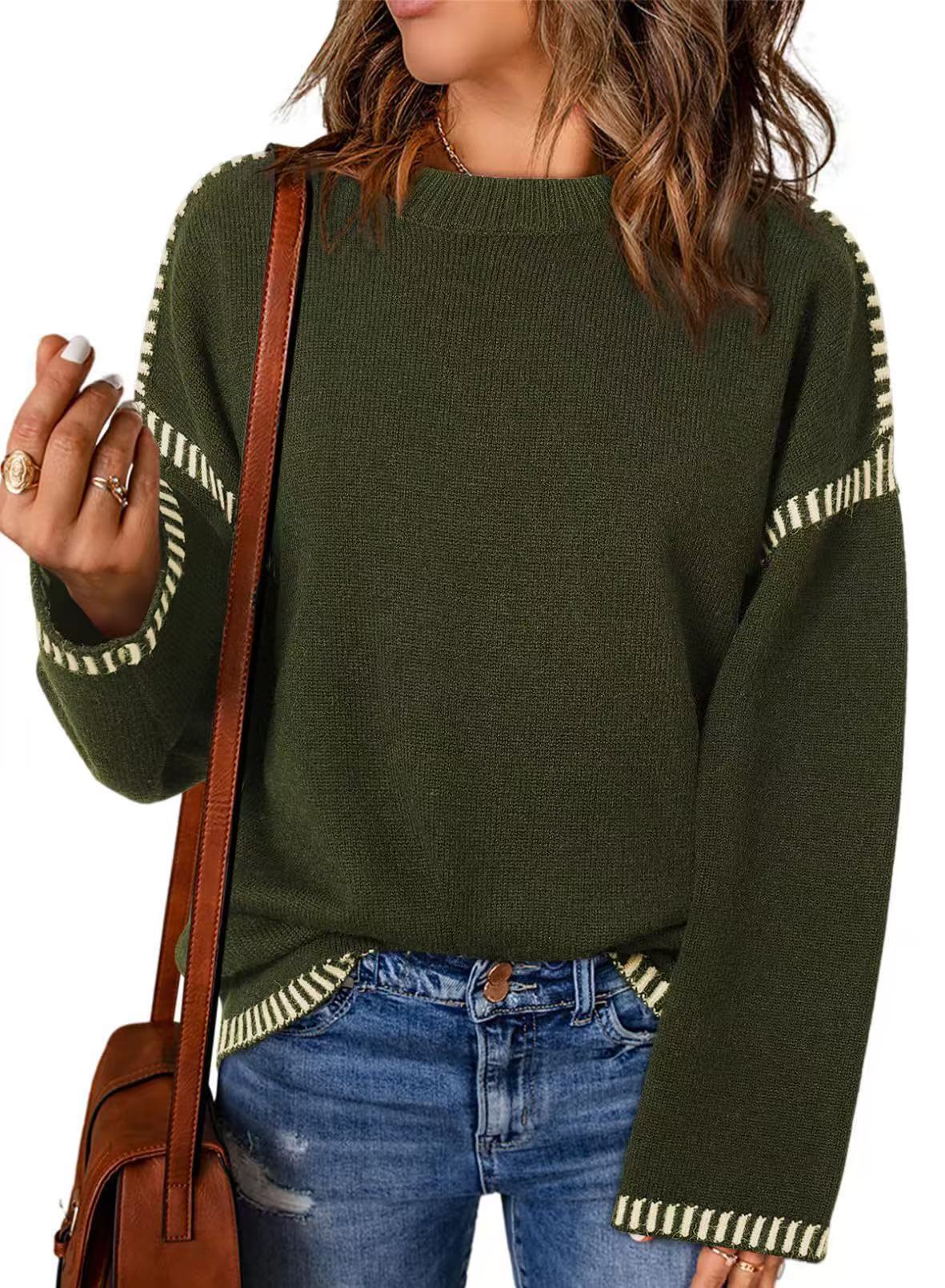 Damen lässiger Strickpullover mit kontrastierenden Bündchen und lässigem Schnitt Sovae