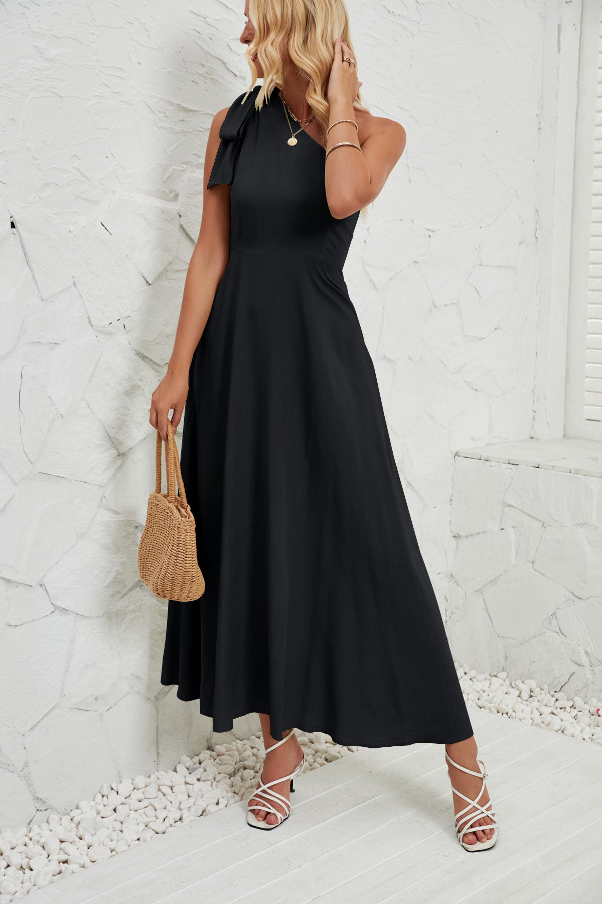 Damen elegantes Maxikleid mit asymmetrischem Träger und fließendem Rock Sovae