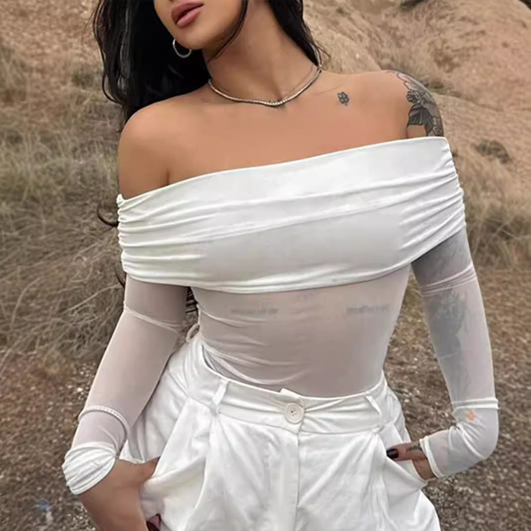 Damen Oberteil mit schulterfreiem Design und transparenten Ärmeln Sovae