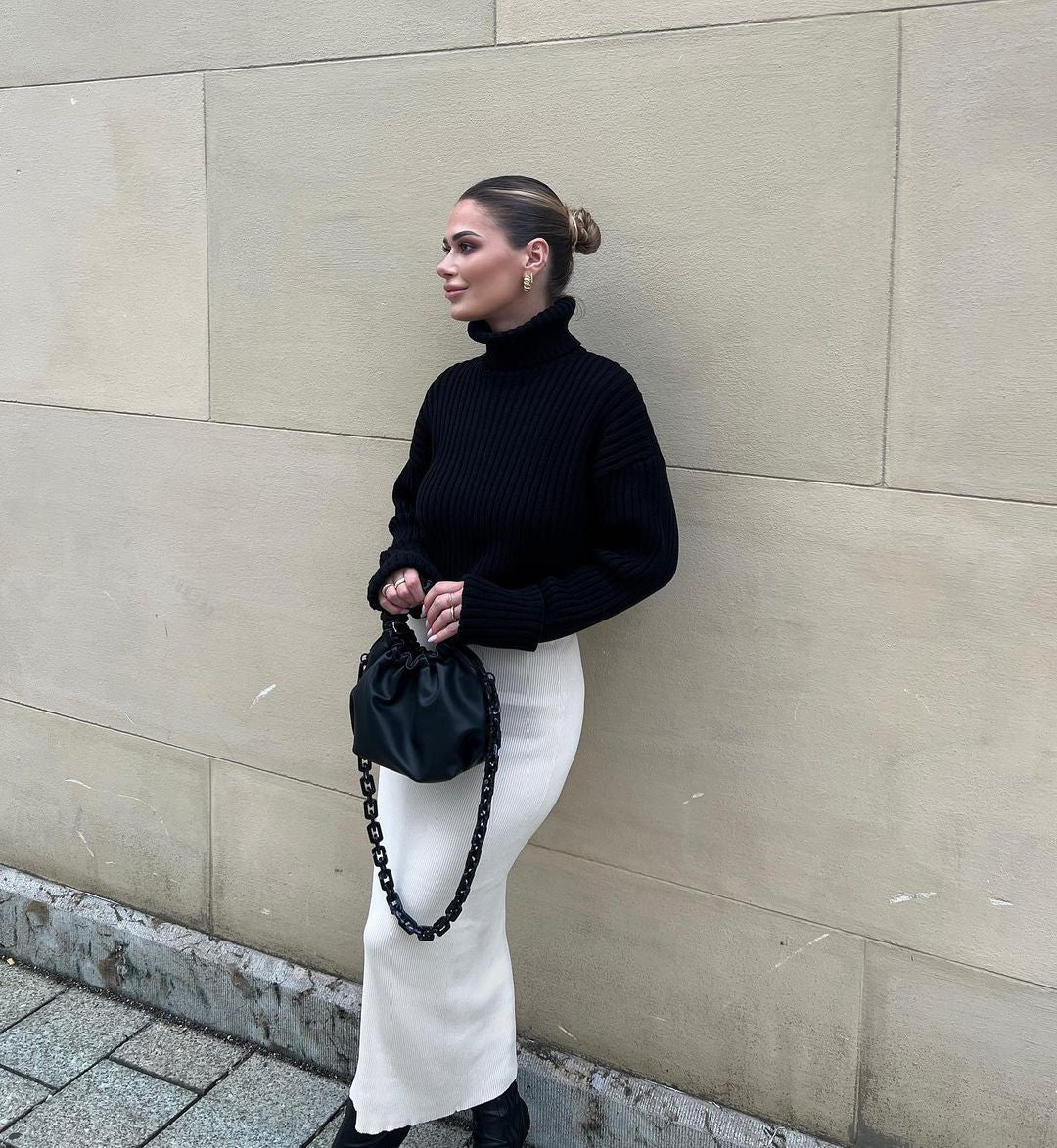 Damen Chunky Strickpullover mit hohem Kragen und Rippstruktur Sovae