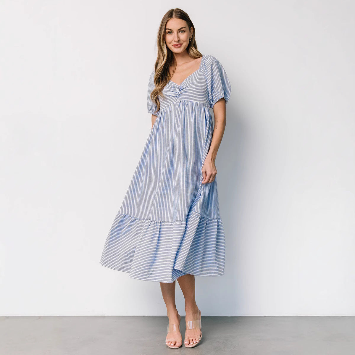 Damen lässiges und schickes Midi-Kleid mit Puffärmeln Sovae