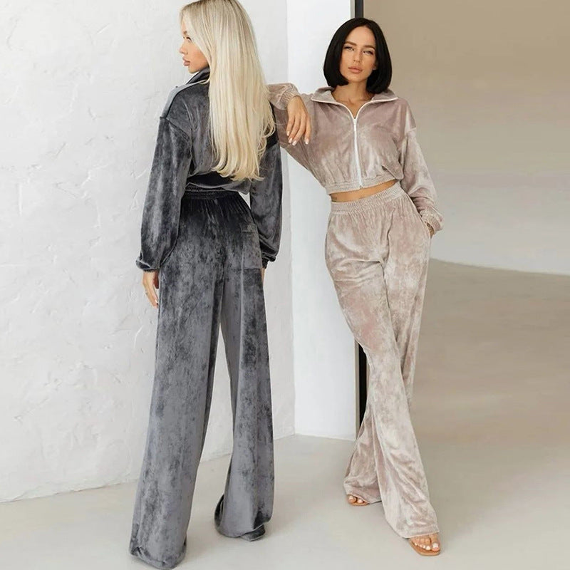 Damen Velours-Loungewear-Set mit hohem Kragen und elastischem Bund Sovae