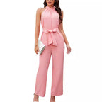 Damen Eleganter Jumpsuit mit hochgeschlossenem Kragen und Taillengürtel Sovae