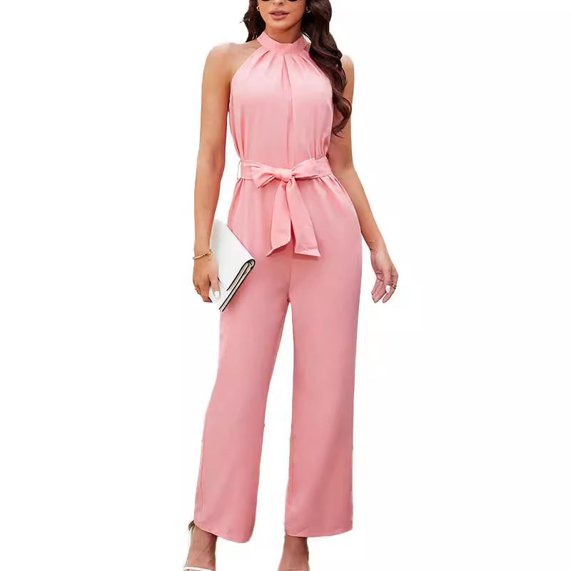 Damen Eleganter Jumpsuit mit hochgeschlossenem Kragen und Taillengürtel Sovae