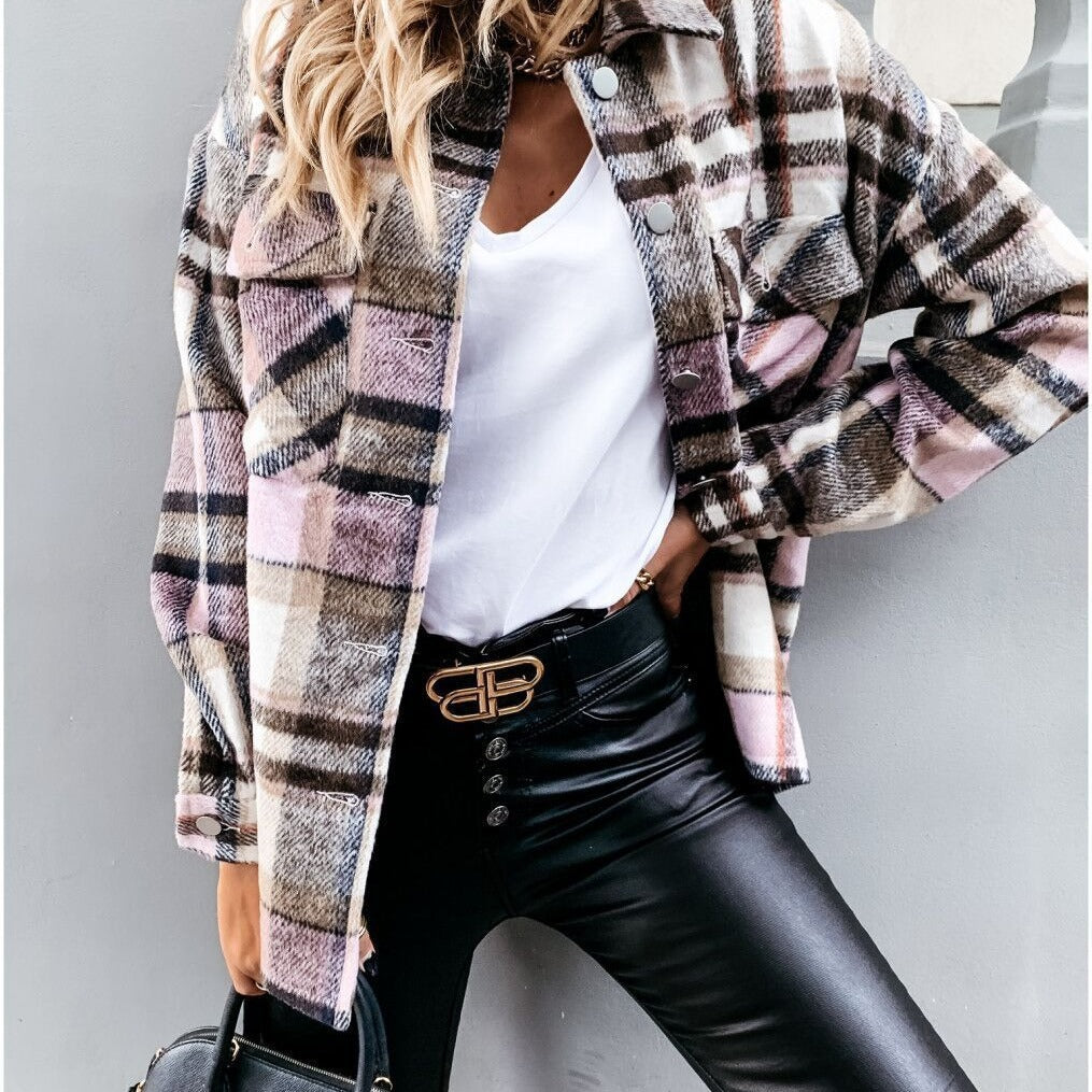 Damen Karo-Hemdenjacke im Oversized-Stil mit Druckknopfverschluss Sovae