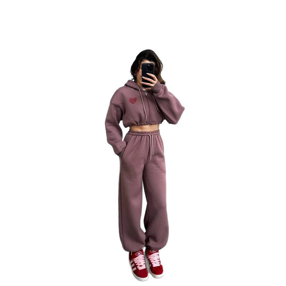 Damen Sportliches Crop-Set mit Kapuze und elastischer Taille Sovae