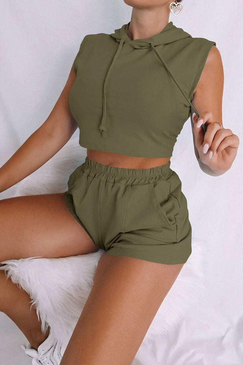 Damen Sportliches Zweiteiliges Set mit Kapuzenoberteil und Shorts Sovae