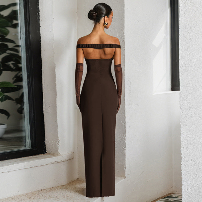 Damen elegantes Maxikleid mit offener Schulter und gerafftem Design Sovae
