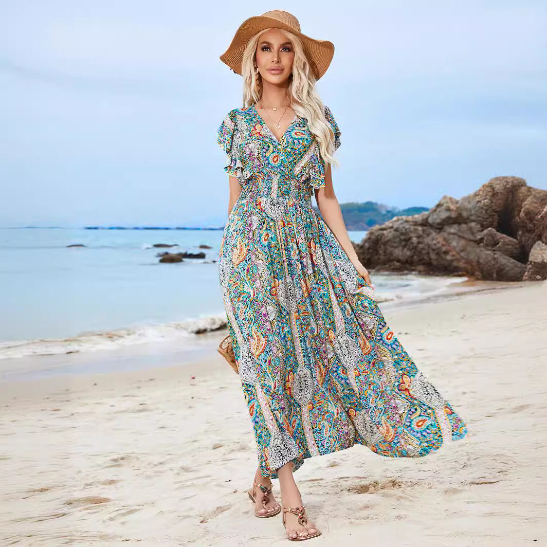 Damen Maxikleid mit verspieltem Mustermix und Rüschendetails Sovae