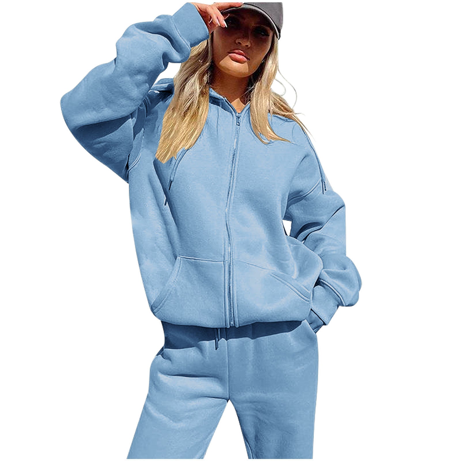 Damen bequemer Oversized Sweatjacke mit hohem Kragen und passenden Jogginghosen Sovae