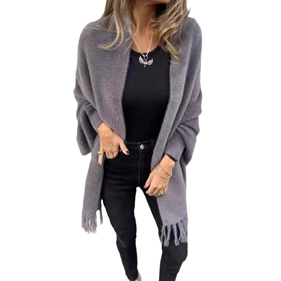 Damen Kuschelige Strickjacke mit Fransen Sovae